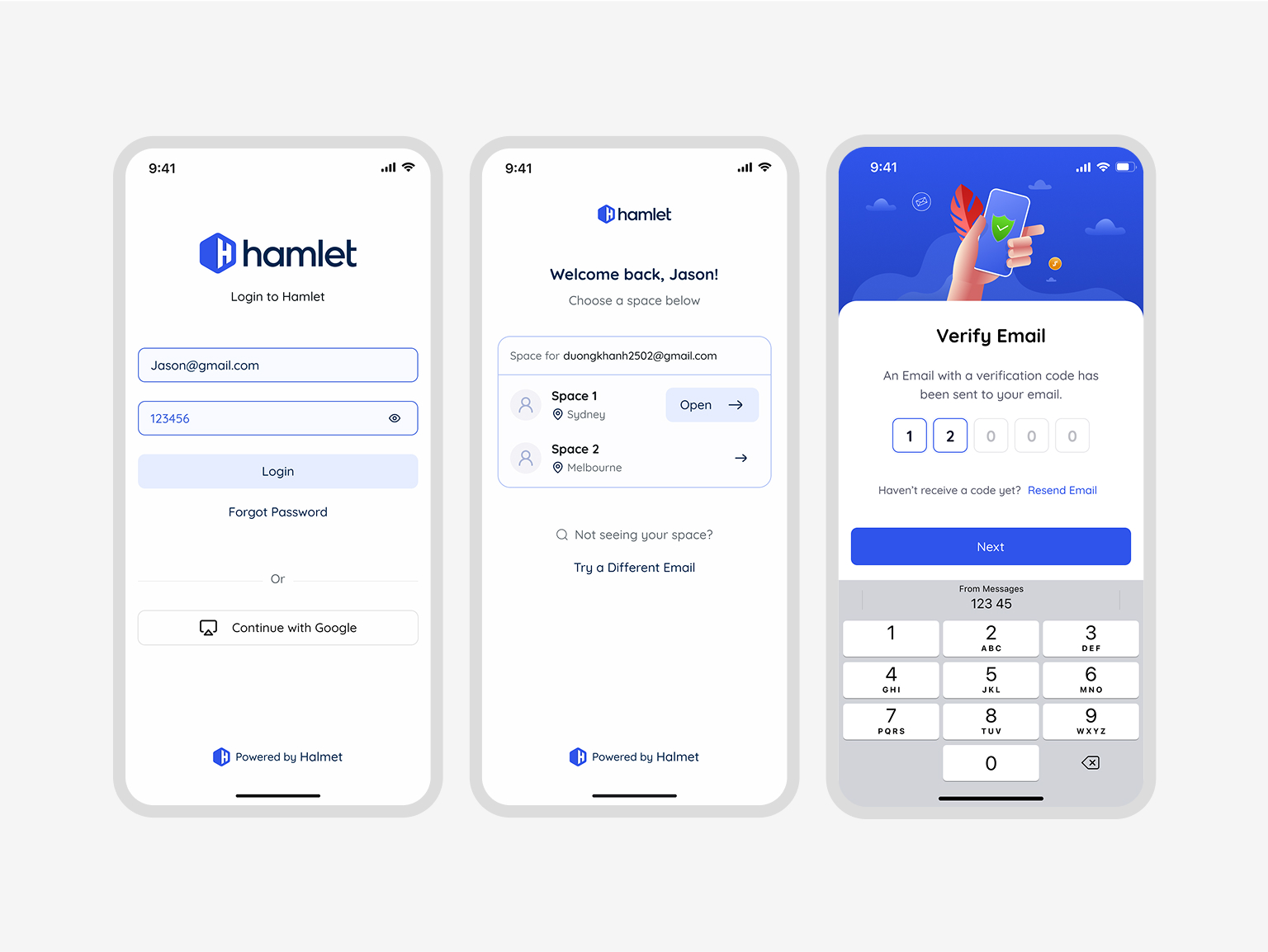 Mobile app onboarding welcome screen with Hamlet branding