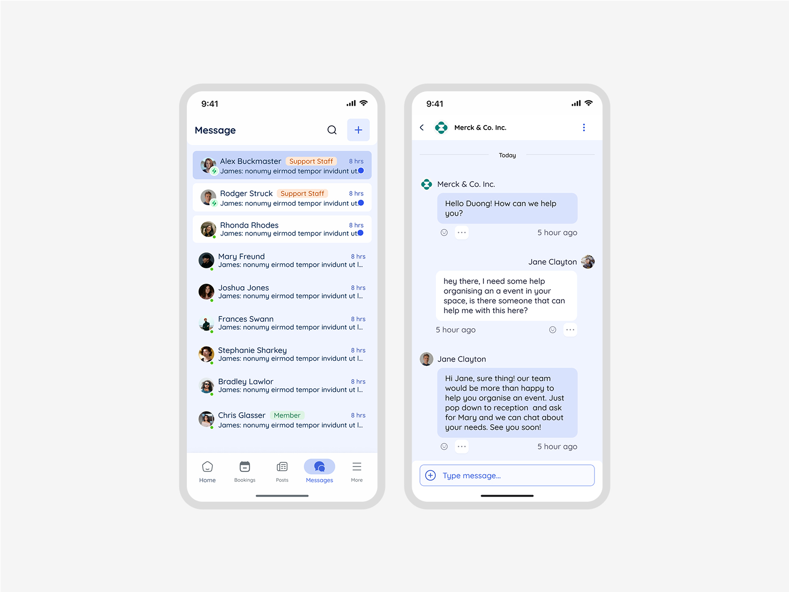 Chat interface showing conversation with workspace staff