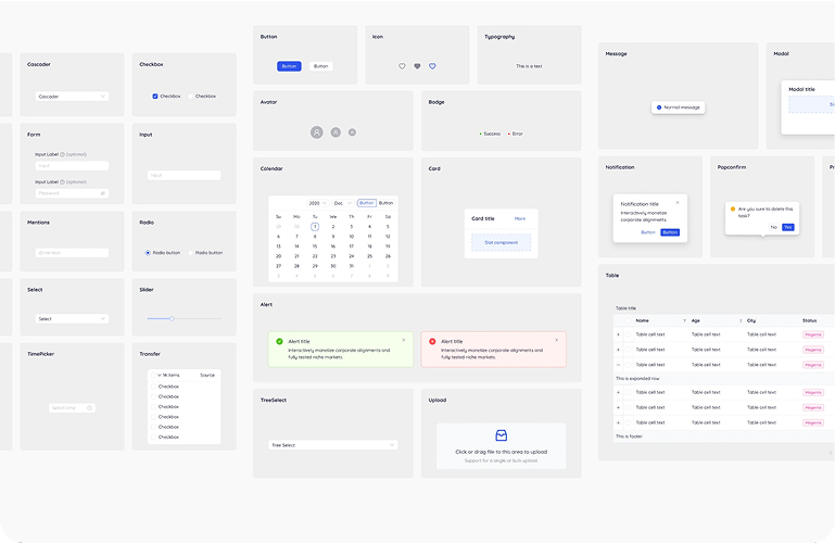 Design system board showcasing Hamlet themed components and patterns