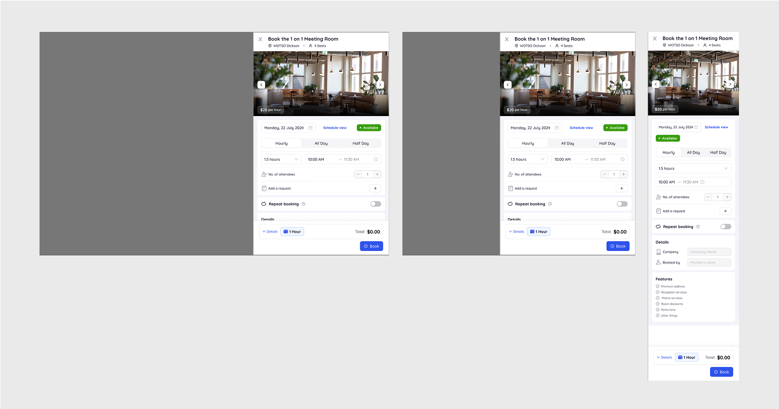 Responsive booking modal for meeting room across device sizes