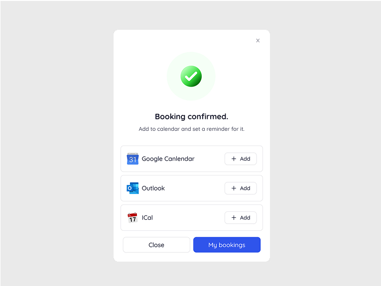 Booking confirmation modal with add to calendar integrations