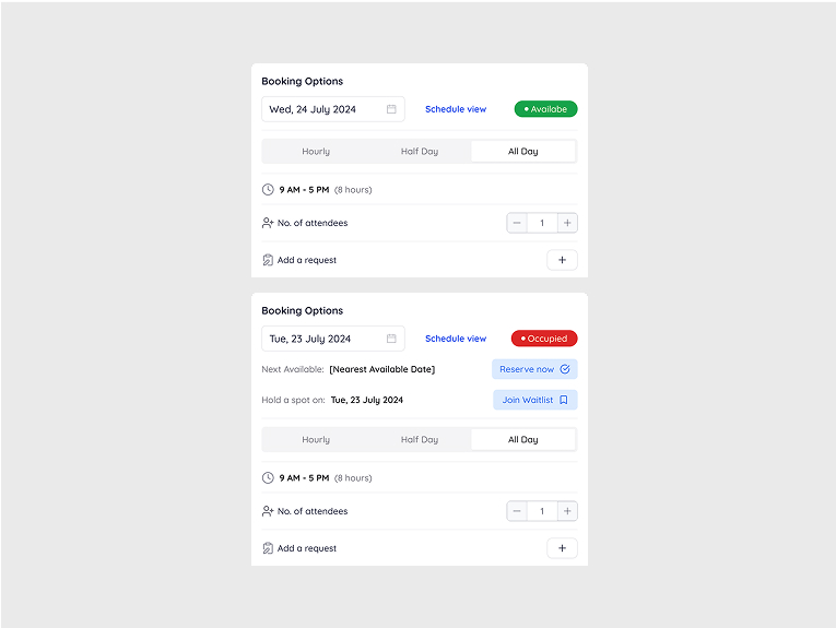 Booking options cards comparing available and occupied time slots