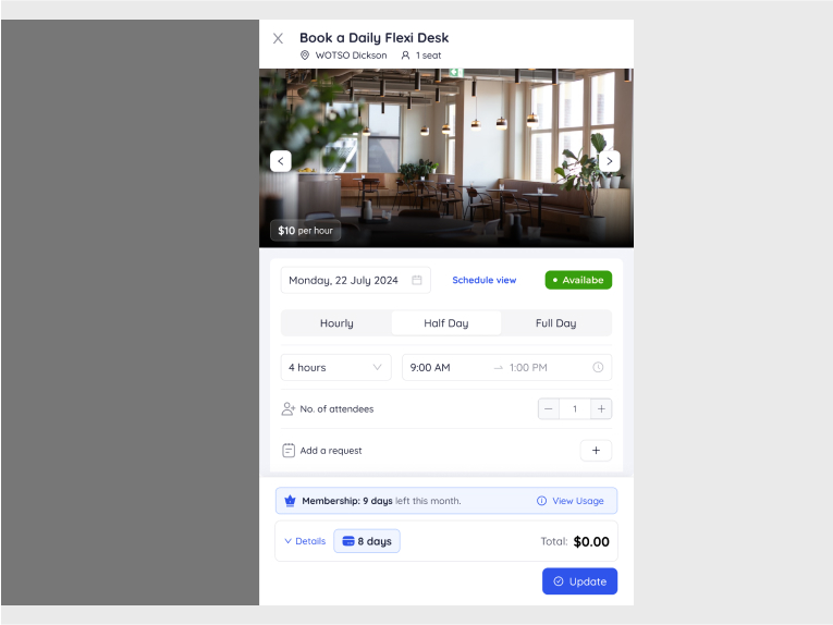 Daily flexi desk booking detail view with hourly schedule selector