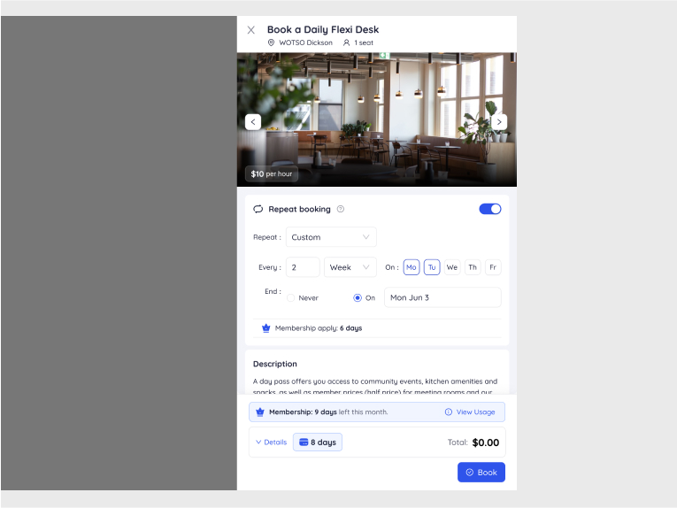 Repeat booking configuration for daily flexi desk reservation