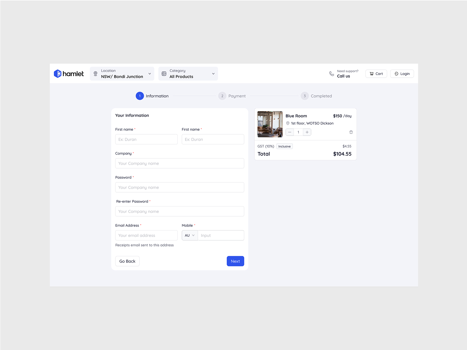 Checkout information form for reserving the Blue Room workspace