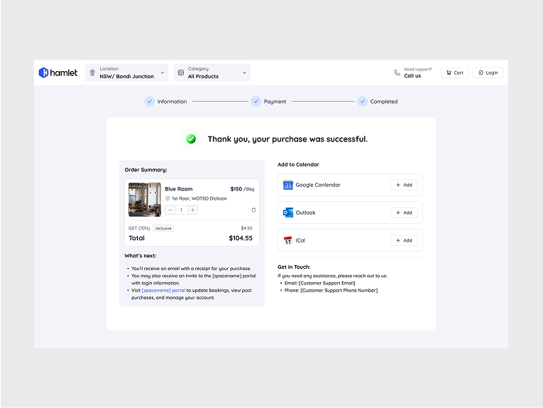 Checkout success summary with add to calendar buttons