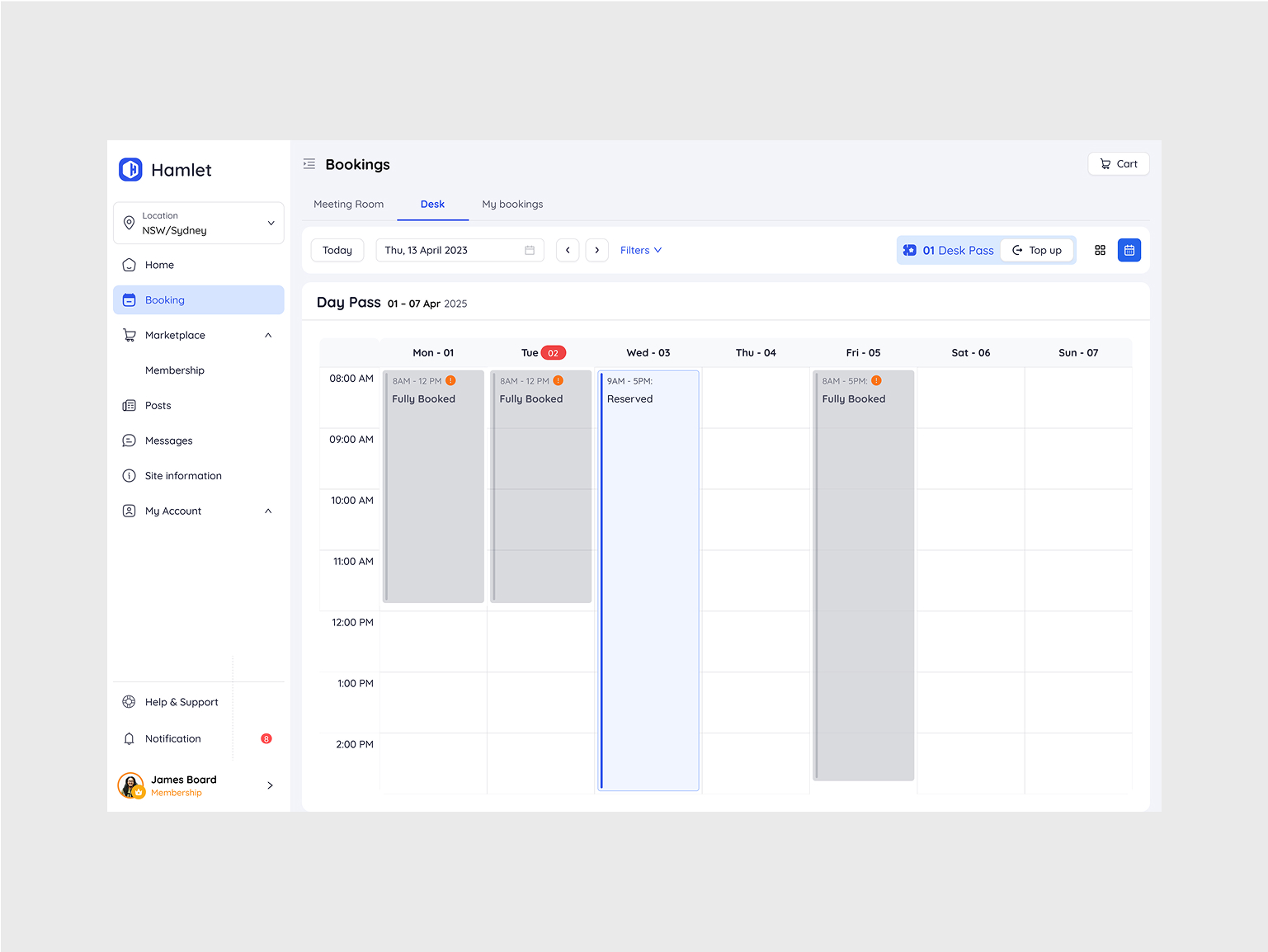 Desk booking day view calendar highlighting reserved slots