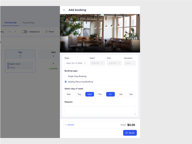 Add booking modal configuring weekly recurring reservation