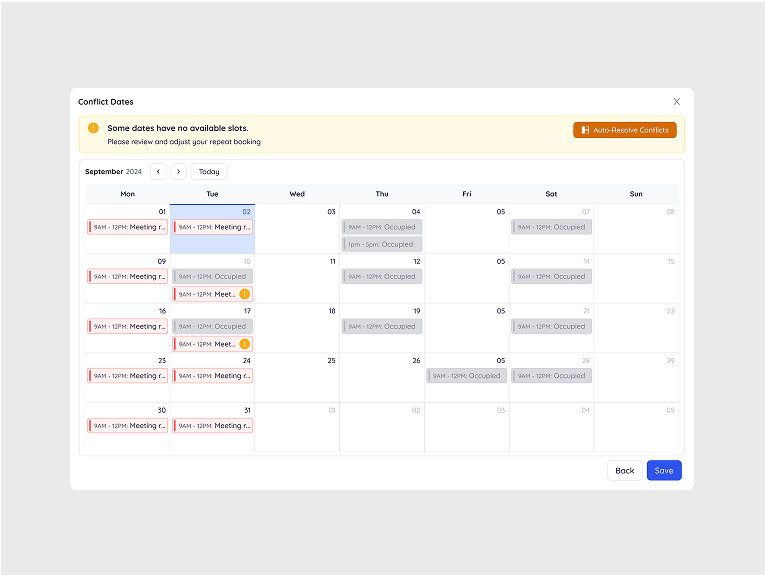 Conflict detection calendar highlighting fully booked dates in red