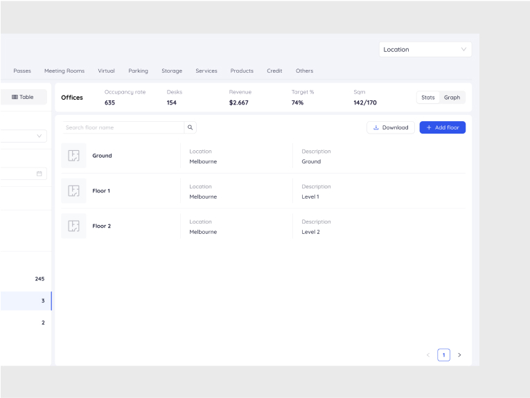 Inventory floor overview displaying locations and descriptions