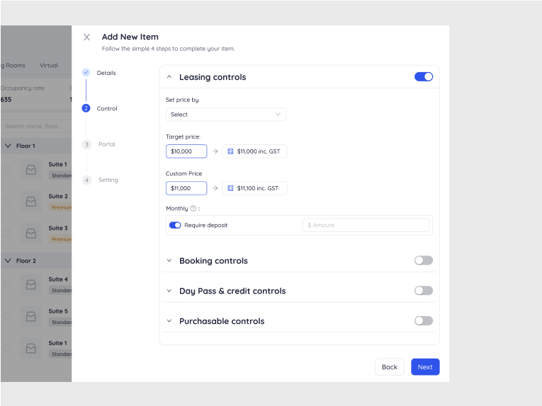 Add new item wizard step for configuring leasing controls