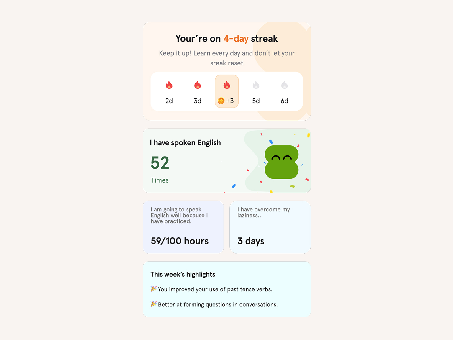 Home variant emphasizing streaks and upcoming sessions