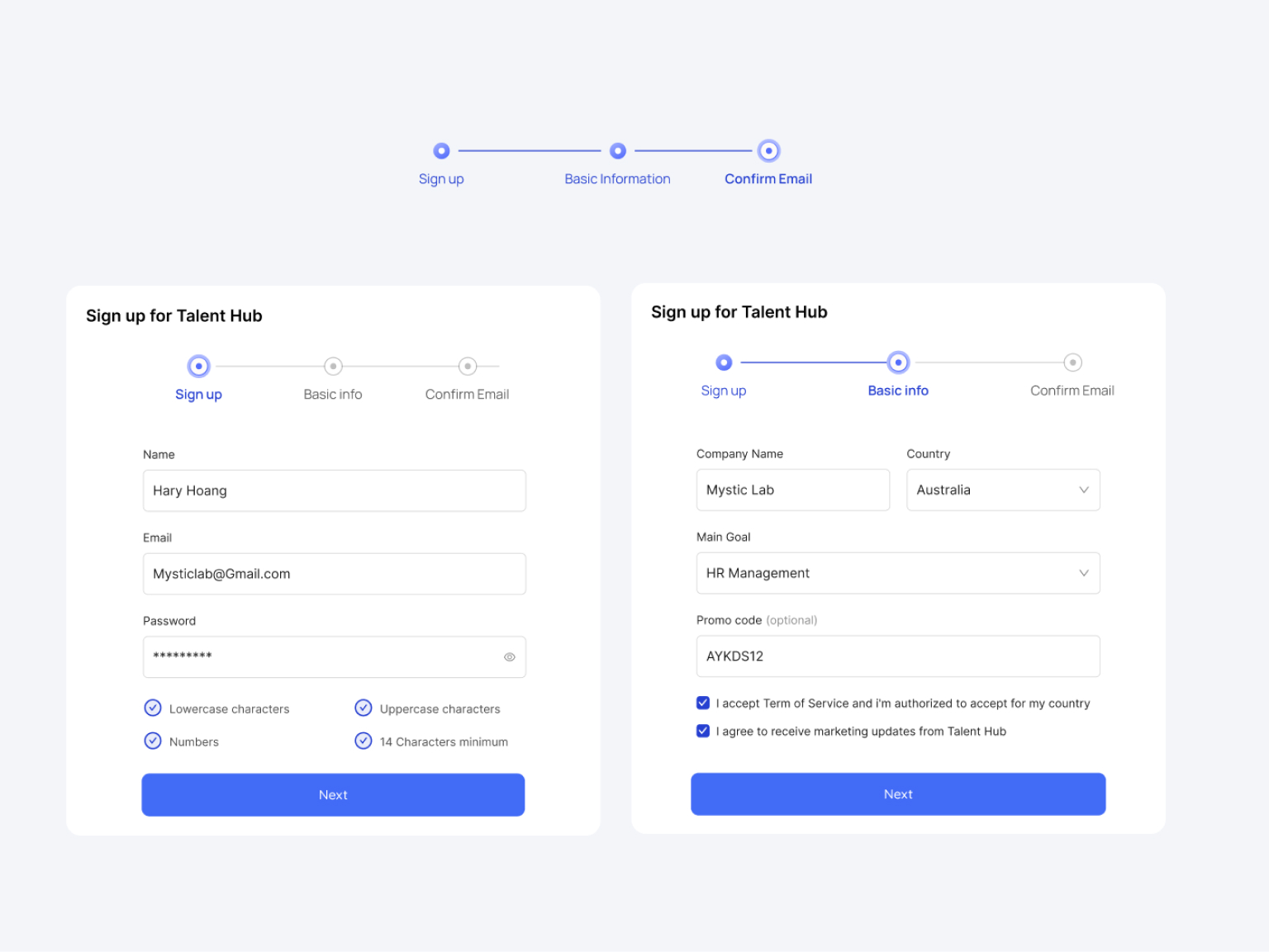 Talent Hub sign up screen with email and social login options