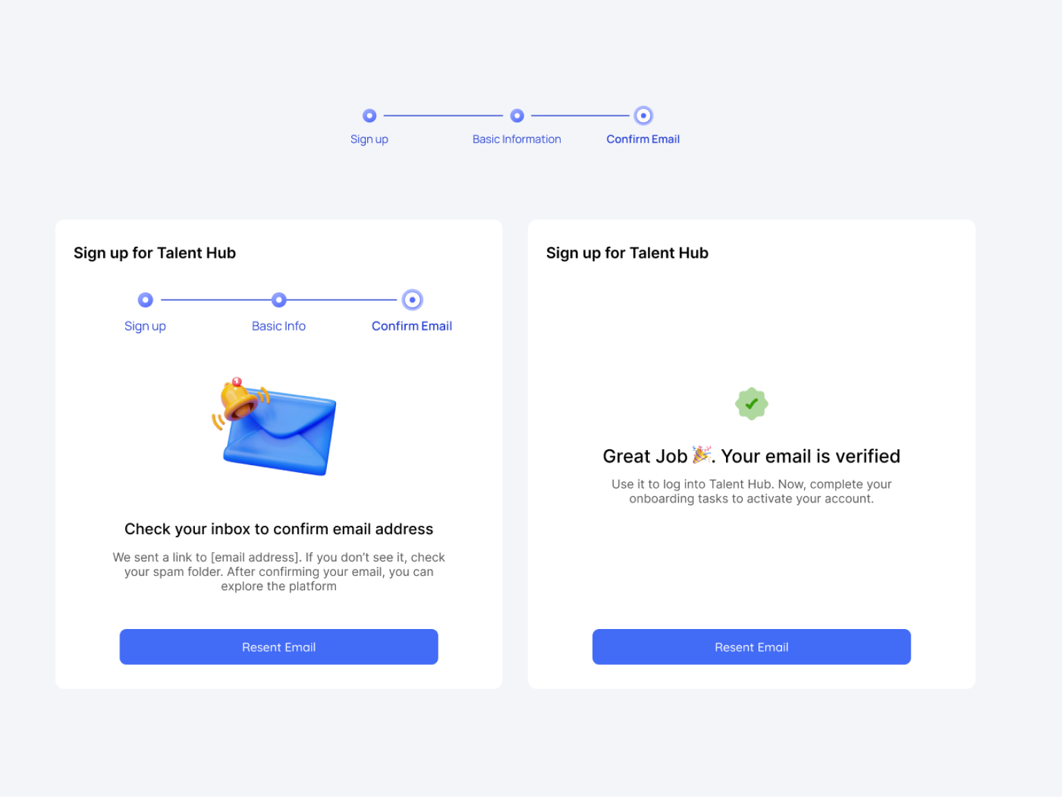 Talent Hub sign up form with validation and password requirements