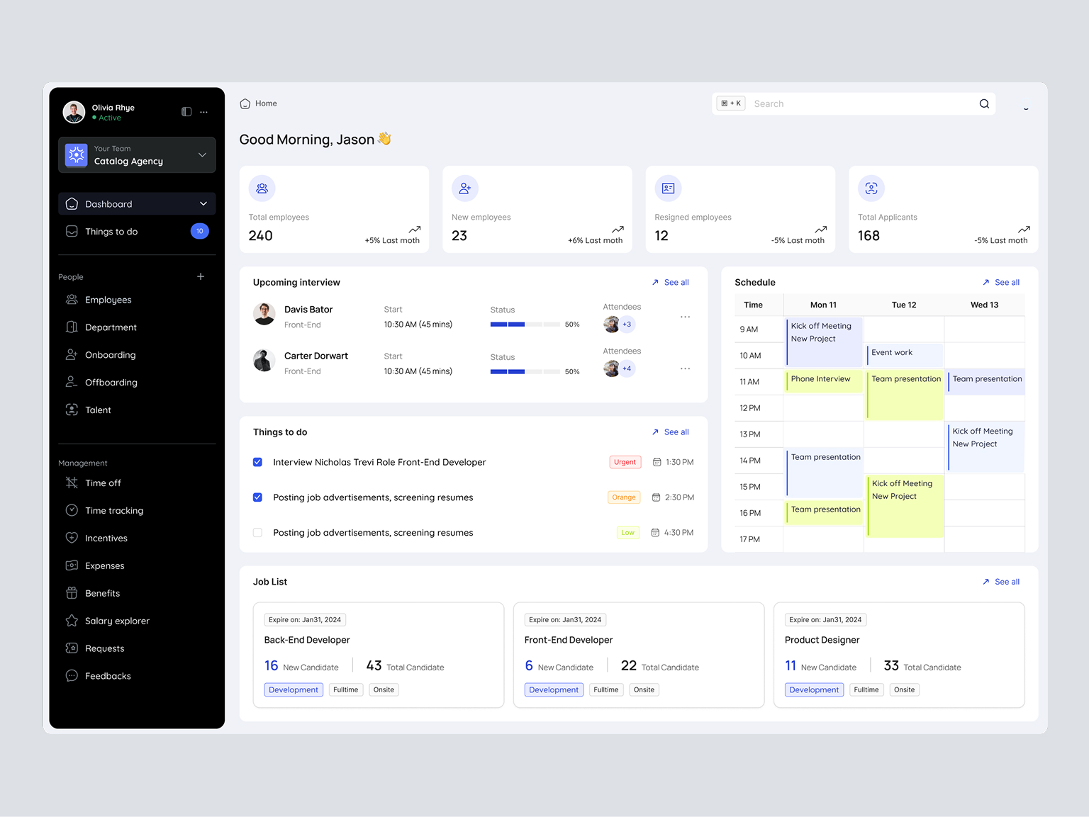 Talent Hub main dashboard with overview metrics and quick actions
