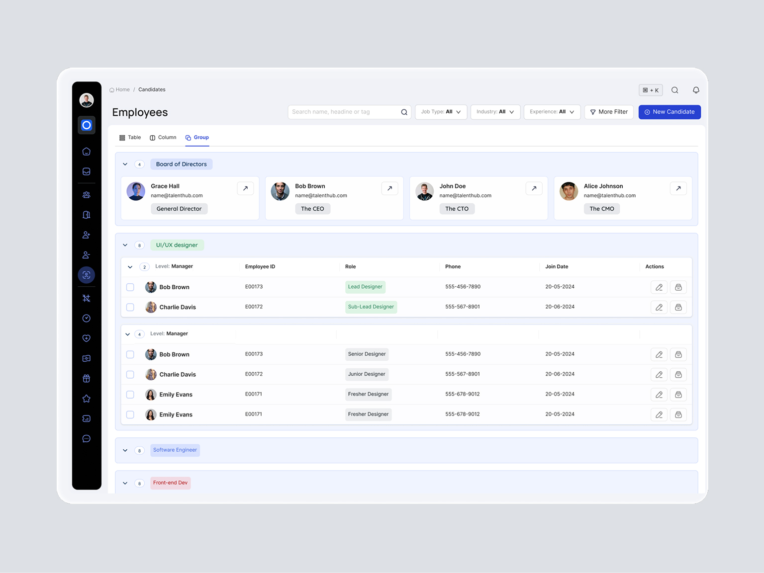 Talent Hub candidate profile view with skills and experience
