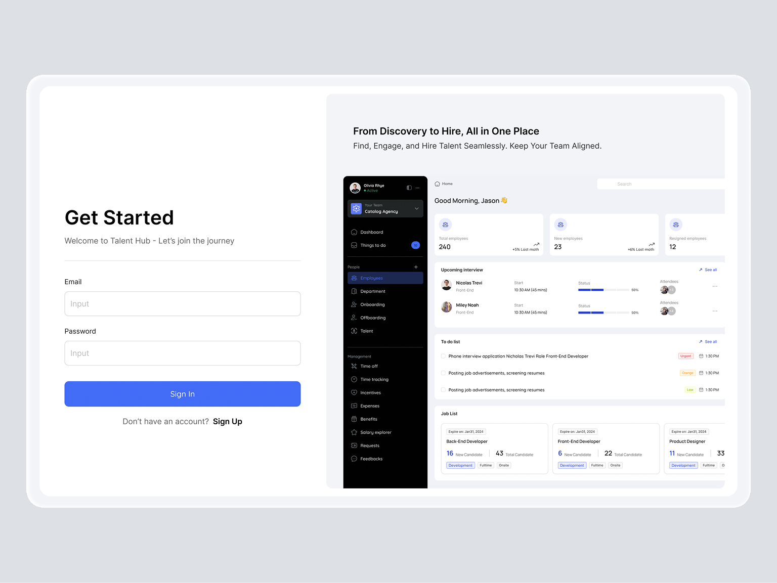 Talent Hub mobile app interface showing candidate matches